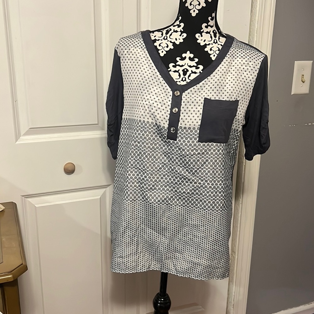 Grey and White polka dot silky blouse size Large